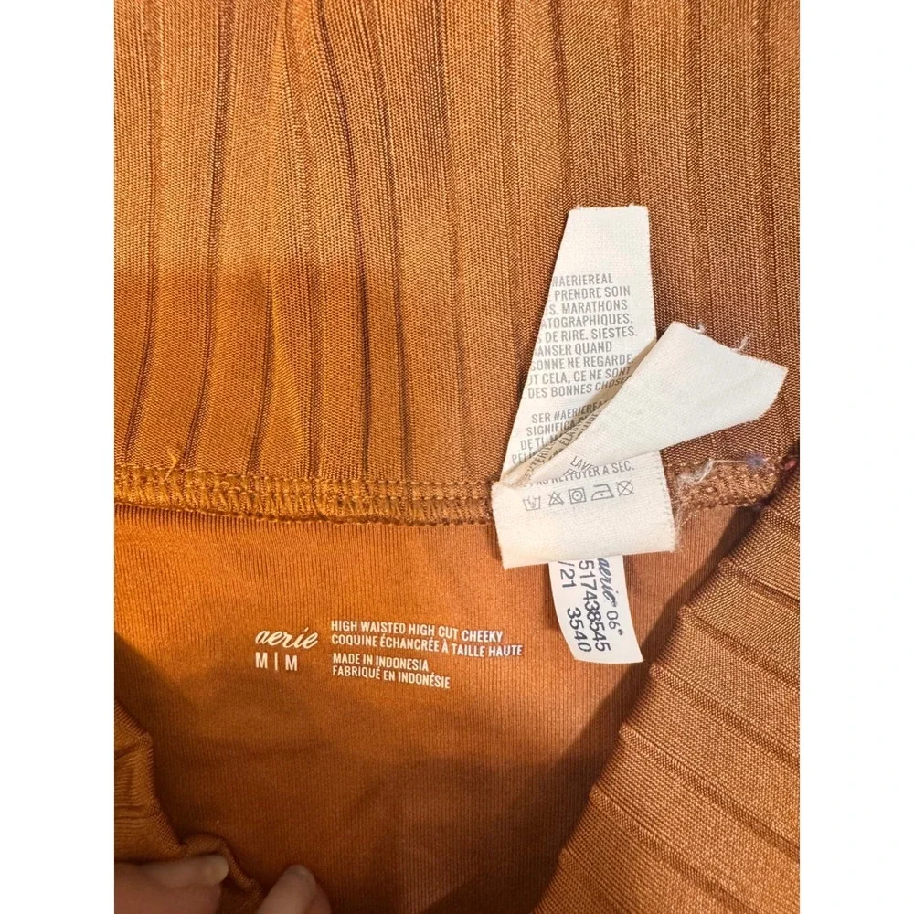Aerie Ribbed Bikini Set Brown Keyhole Tie Front High Waist Cheeky Medium